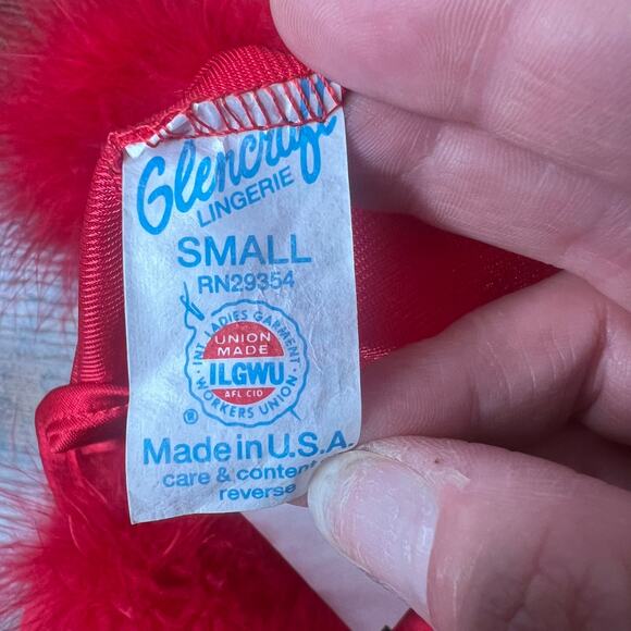 Vintage Red Lingerie Long Nightgown Feather Trim Size Small Side Slit Sexy USA - Picture 10 of 11